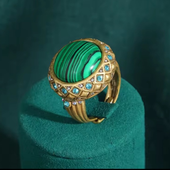 Couture Malachite&Crystal Ring Bold Luxury Statement Piece - Picture 1 of 4